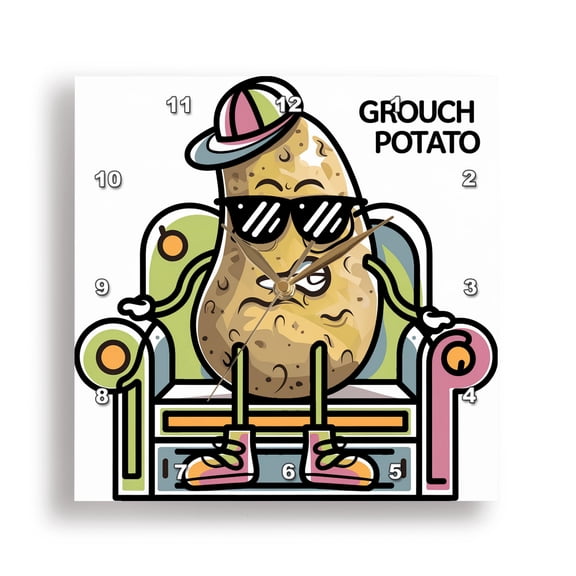 3dRose, Funny Cute Grouch Potato Couch Potato Pun Satire Graffiti Art, 15x15 Wall Clock