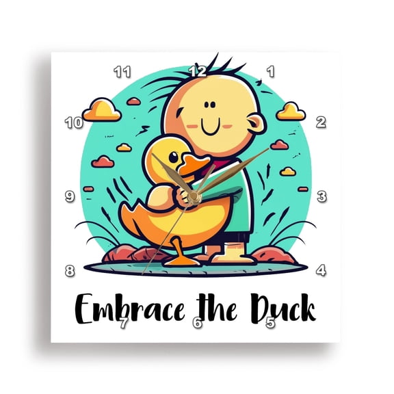 3dRose, Funny Cute Kid Hugging a Duck Embrace the Duck Pun, 15x15 Wall Clock