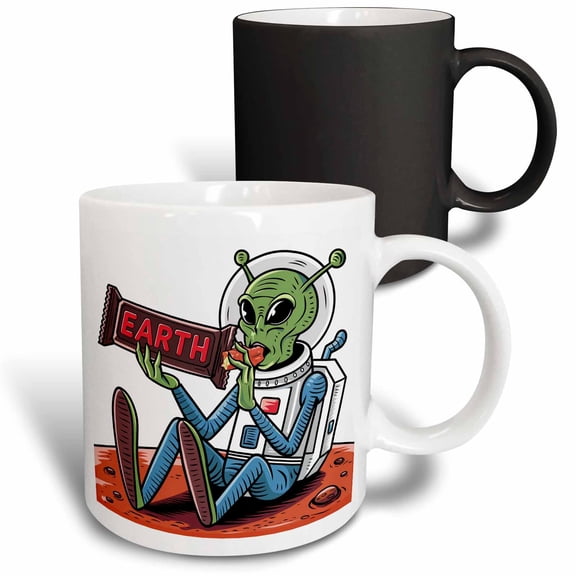 3drose, Funny Cute Martian Space Alien on Mars Eating Earth Candy Bar Satire, 11oz Magic Transforming Mug