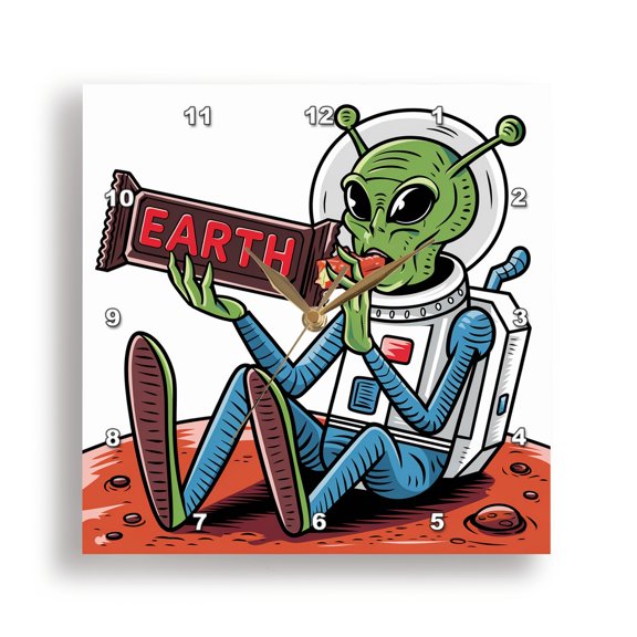 3dRose, Funny Cute Martian Space Alien on Mars eating Earth Candy Bar Satire, 15x15 Wall Clock