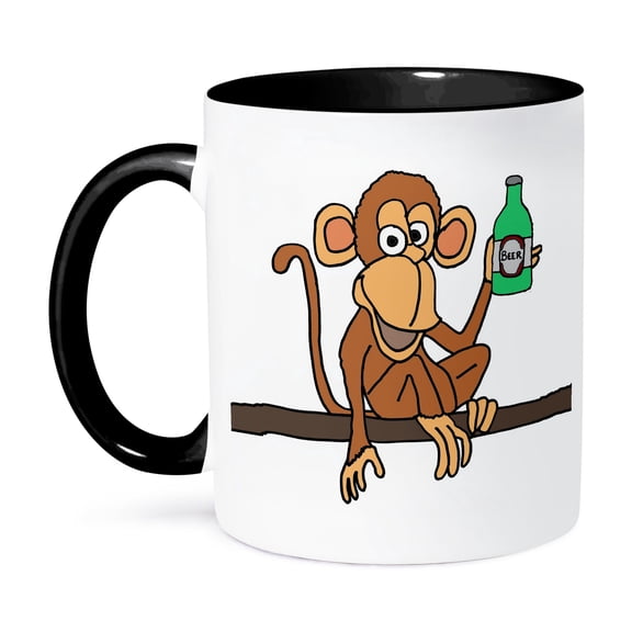 3dRose, Funny Cute Monkey Drinking Beer Cartoon, 11oz Two-Tone Black Mug