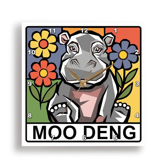 3dRose, Funny Cute Moo Deng Baby Pygmy Hippo and Flowers Online Meme , 15x15 Wall Clock