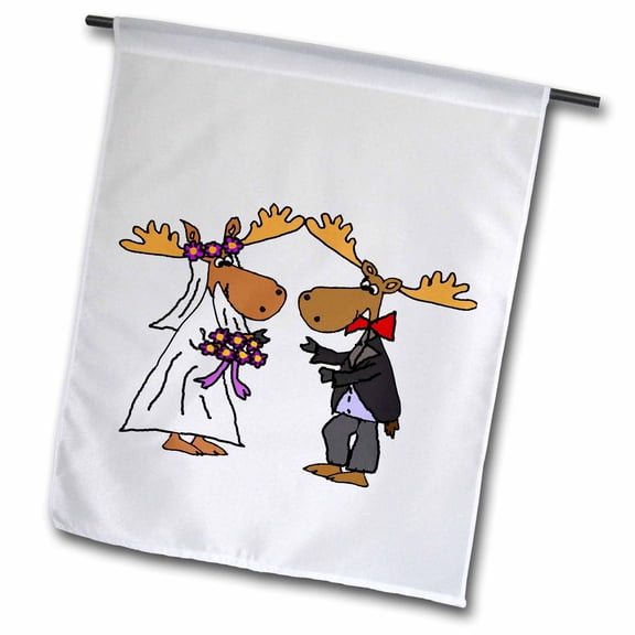 3dRose, Funny Cute Moose Bride and Groom Wedding Cartoon, 18 x 27 inch Garden Flag