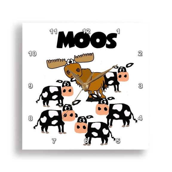 3dRose, Funny Cute Moose and Cows Moos Pun Satire, 15x15 Wall Clock
