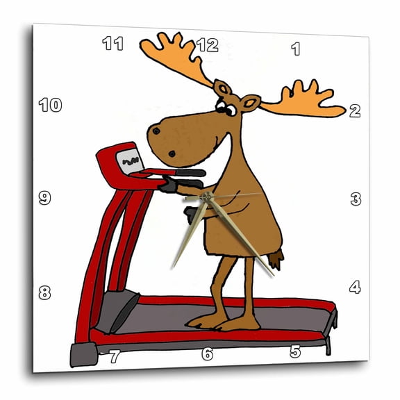 3drose, Funny Cute Moose Using Treadmill Exercise Cartoon, 15x15 Wall Clock