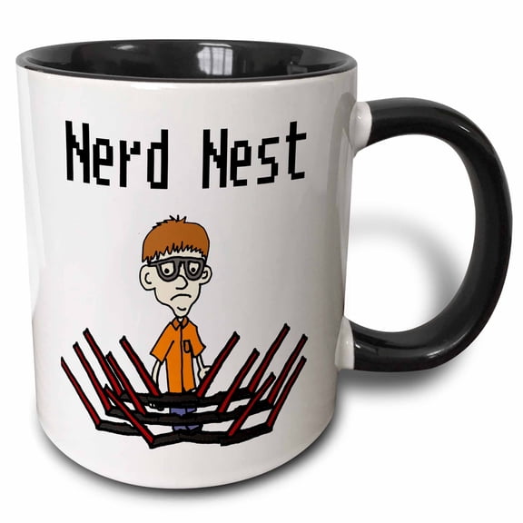 3drose, Funny Cute Nurd Surrounded by Laptop Computers Forming Nerd Nest Pun, 11oz Two-tone Black Mug