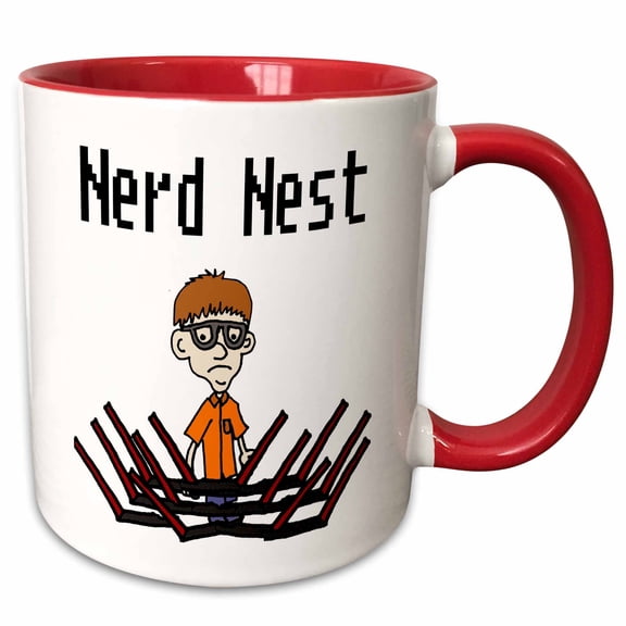 3drose, Funny Cute Nurd Surrounded by Laptop Computers Forming Nerd Nest Pun, 11oz Two-tone Red Mug