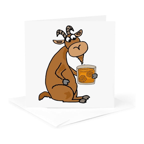 3dRose, Funny Cute Old Goat Drinking Scotch Whiskey Old Age Humor, 1 Greeting Card with envelope