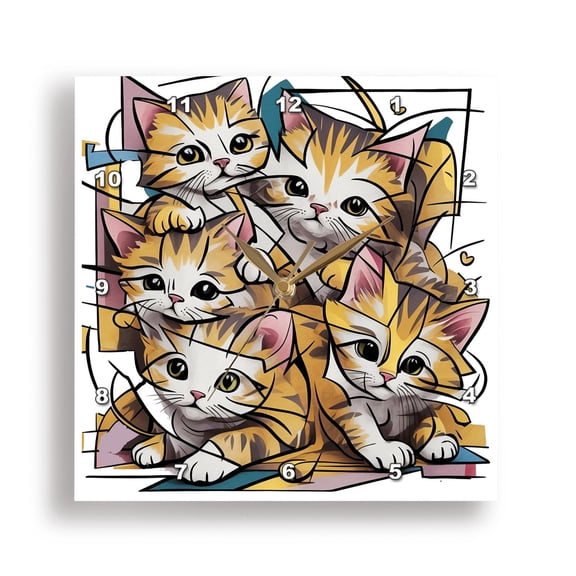 3dRose, Funny Cute Orange Tabby Kitty Cats Playing Abstract Art, 15x15 Wall Clock