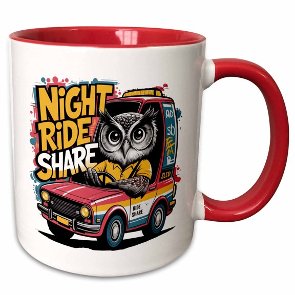 3drose, Funny Cute Owl Driving Night Ride Share Satire Graffiti Abstract Bird, 11oz Two-tone Red Mug
