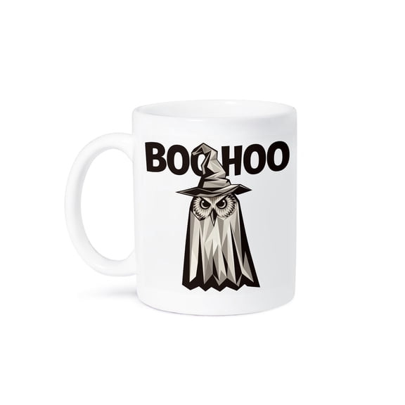 3dRose, Funny Cute Owl Ghost saying Boo Hoo Pun Halloween Satire Birds, 11oz Mug
