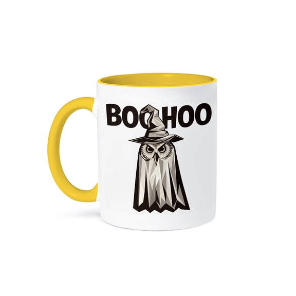 3dRose, Funny Cute Owl Ghost saying Boo Hoo Pun Halloween Satire Birds, 15oz Two-Tone Yellow Mug