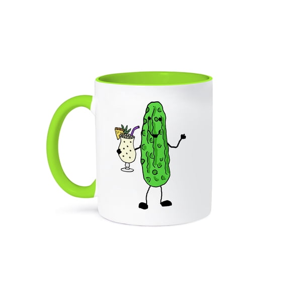 3dRose, Funny Cute Pickle Drinking Pina Colada Cartoon, 11oz Two-Tone Green Mug