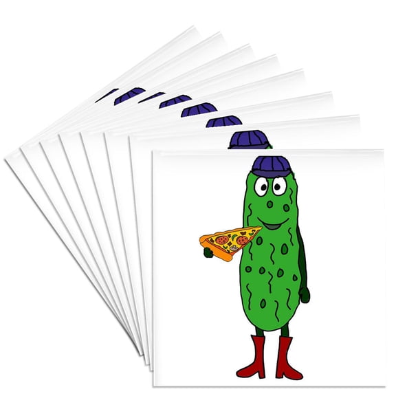 3dRose, Funny Cute Pickle Eating Pizza Slice, Set of 8 Ceramic Tile Coasters