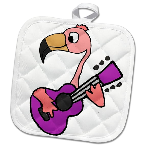 3dRose, Funny Cute Pink Flamingo Bird Playing Purple Guitar, 8x8 Potholder