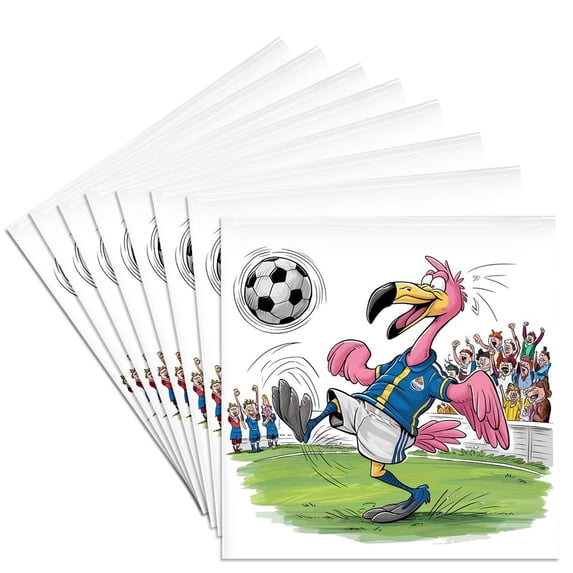 3drose, Funny Cute Pink Flamingo Bird Playing Soccer at the Beach, Set of 8 Ceramic Tile Coasters