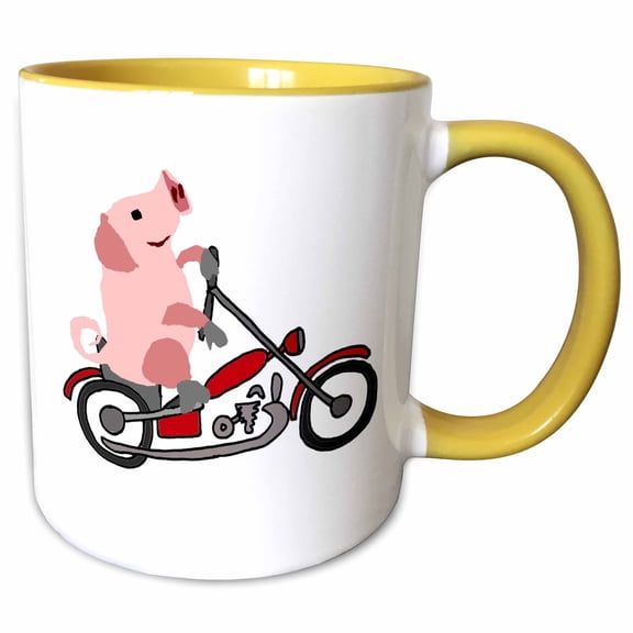 3drose, Funny Cute Pink Pig or Hog Riding Motorcycle Cartoon, 15oz Two-tone Yellow Mug