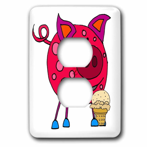 3dRose, Funny Cute Pink Pig eating ice Cream Cone Cartoon, 2 plug outlet cover