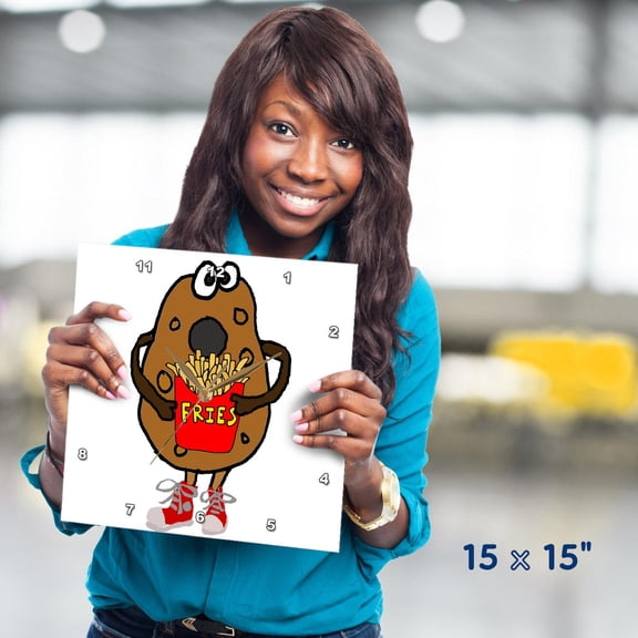3dRose, Funny Cute Potato eating French Fries Cartoon, 15x15 Wall Clock