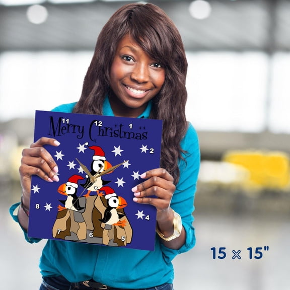 3dRose, Funny Cute Puffin Birds on Rocks in Santa hats Christmas Primitive Art, 15x15 Wall Clock