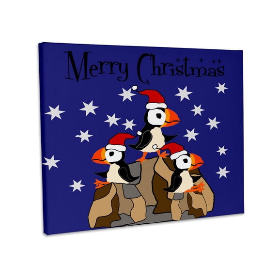 3dRose, Funny Cute Puffin Birds on Rocks in Santa hats Christmas Primitive Art, Museum Grade Canvas Wrap 10x8