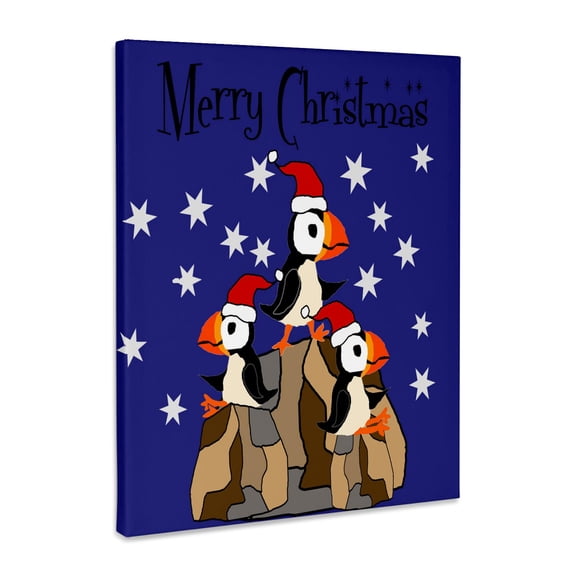 3dRose, Funny Cute Puffin Birds on Rocks in Santa hats Christmas Primitive Art, Museum Grade Canvas Wrap 16x20