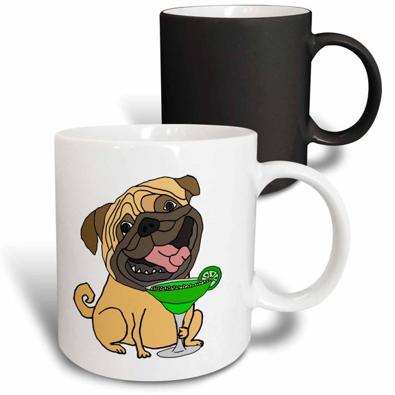 3drose, Funny Cute Pug Puppy Dog Drinking Margarita Cartoon, 11oz Magic Transforming Mug