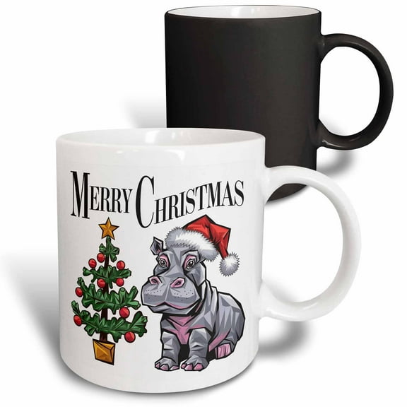 3drose, Funny Cute Pygmy Hippo in Santa Hat with Merry Christmas Tree, 11oz Magic Transforming Mug