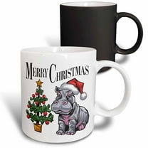 3drose, Funny Cute Pygmy Hippo in Santa Hat with Merry Christmas Tree, 11oz Magic Transforming Mug