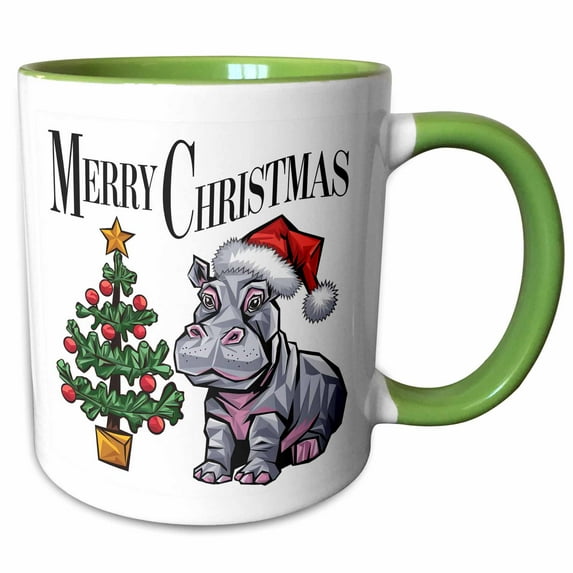 3drose, Funny Cute Pygmy Hippo in Santa Hat with Merry Christmas Tree, 11oz Two-tone Green Mug