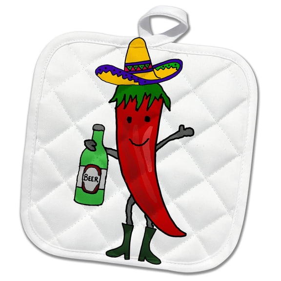 3dRose, Funny Cute Red Jalapeno Pepper Drinking Beer Cartoon, 8x8 Potholder