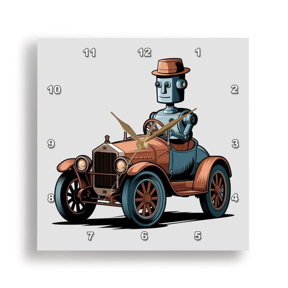 3dRose, Funny Cute Robot Driving Vintage Classic Car Abstract Satire, 15x15 Wall Clock