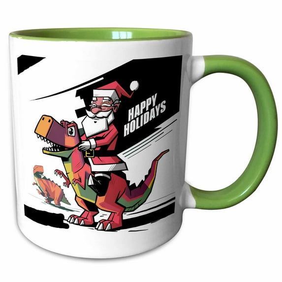 3drose, Funny Cute Santa Claus Ridng T-rex Dinosaur Christmas Abstract, 15oz Two-tone Green Mug