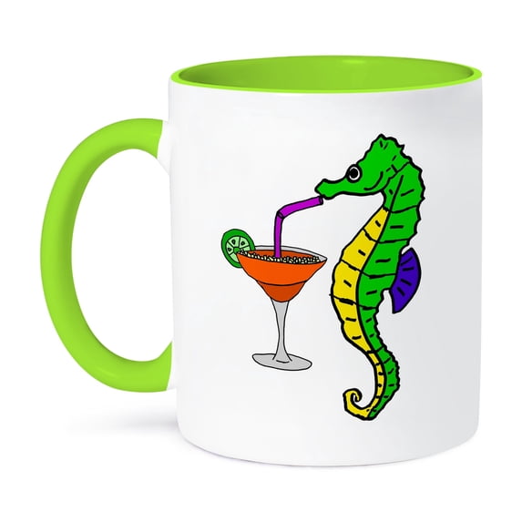 3dRose, Funny Cute Seahorse Drinking Margarita Cartoon, 15oz Two-Tone Green Mug