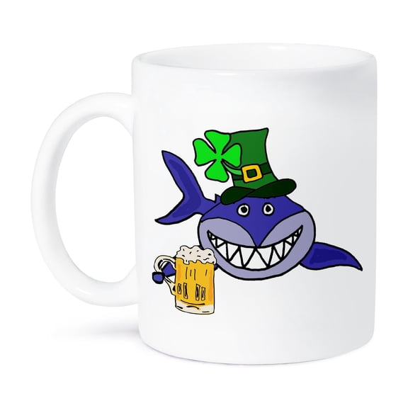 3dRose, Funny Cute Shark Drinking Beer St Patricks Day Cartoon, 15oz Mug