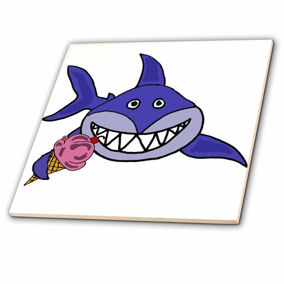 3dRose, Funny Cute Shark Eating Ice Cream Cone for the Beach, 4 Inch Ceramic Tile