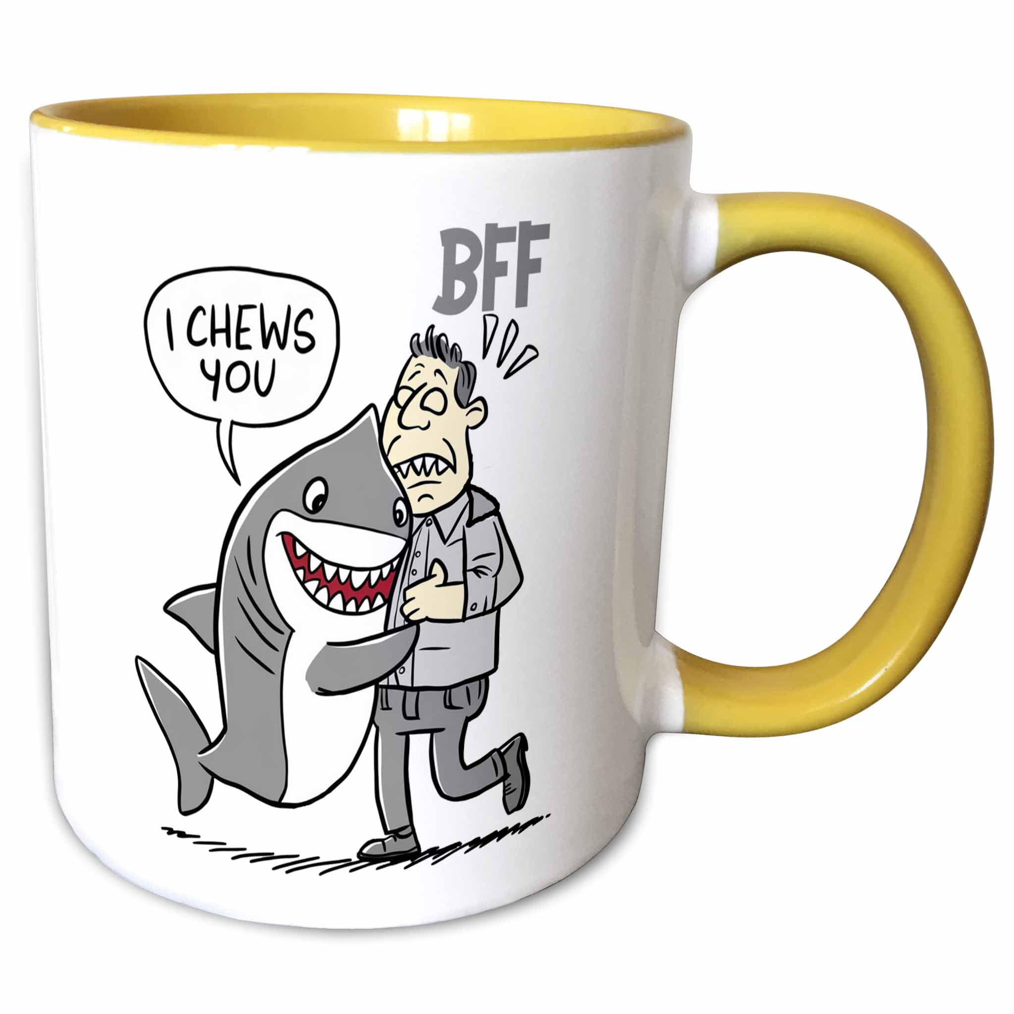 3drose, Funny Cute Shark Hugging Nervous Man I Chews You Bff Pun, 11oz Two-tone Yellow Mug