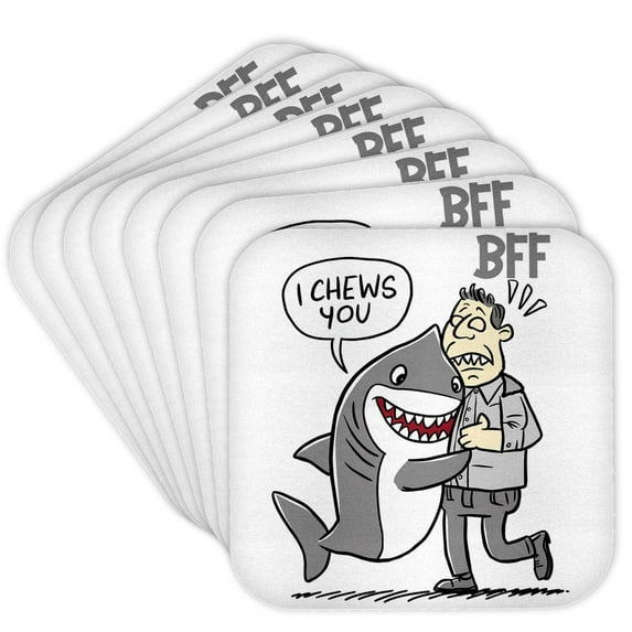 3drose, Funny Cute Shark Hugging Nervous Man I Chews You Bff Pun, Set of 8 Coasters - Soft