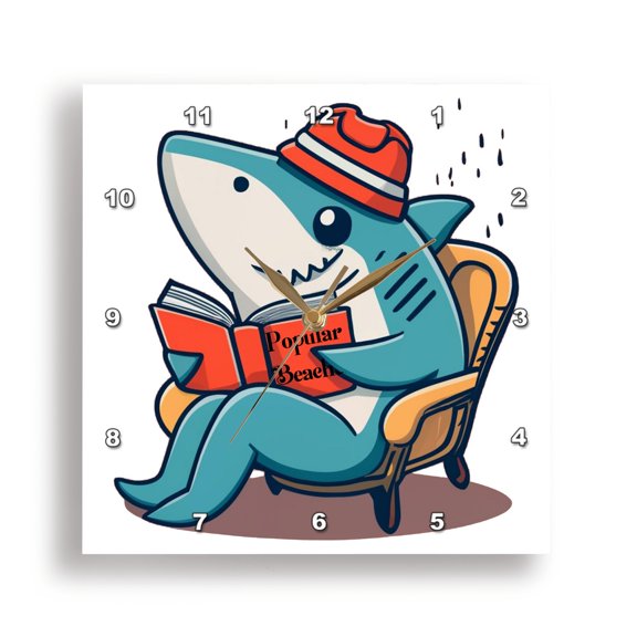 3dRose, Funny Cute Shark Reading Popular Beaches Book Satire, 15x15 Wall Clock