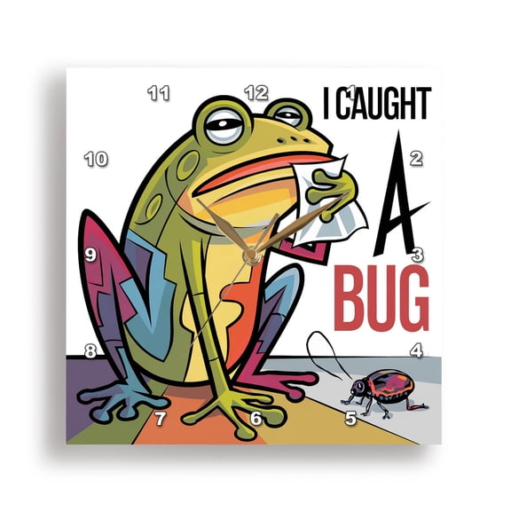 3dRose, Funny Cute Sick Frog with Tissue Caught a Bug Ant Satire, 15x15 Wall Clock
