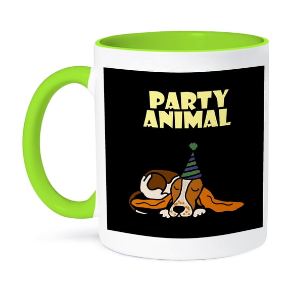 3dRose, Funny Cute Sleeping Basset Hound Dog Party Animal, 11oz Two-Tone Green Mug