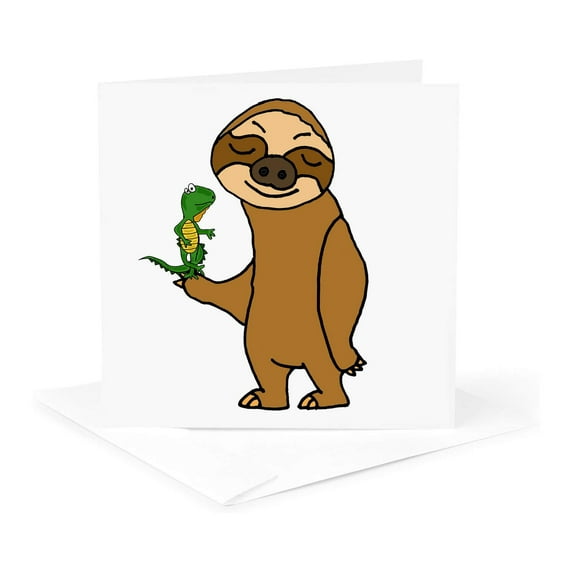 3drose, Funny Cute Sloth Holding Iguana Cartoon, 1 Greeting Card with Envelope