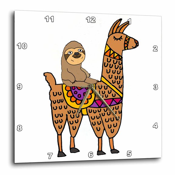 3drose, Funny Cute Sloth Riding Llama Cartoon, 15x15 Wall Clock