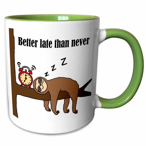 3drose, Funny Cute Sloth Sleeping Says Better Late Than Never, 15oz Two-tone Green Mug