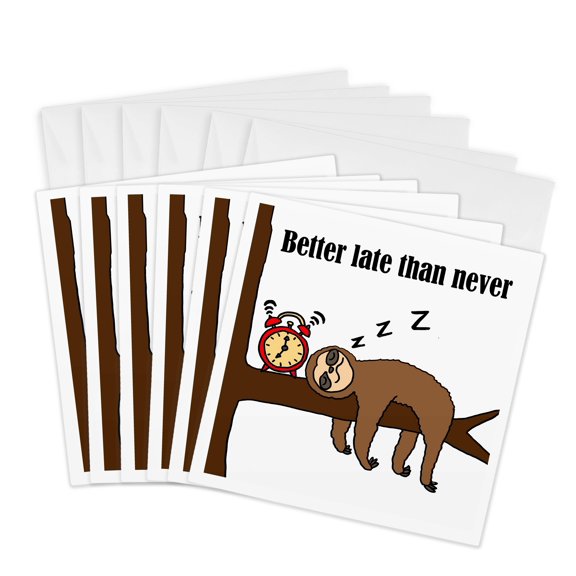 3drose, Funny Cute Sloth Sleeping Says Better Late Than Never, 6 Greeting Cards with Envelopes