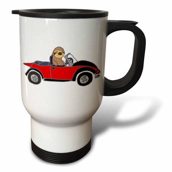 3dRose, Funny Cute Slow Sloth Driving Red Convertible Cartoon, 14oz Stainless Steel Travel Mug