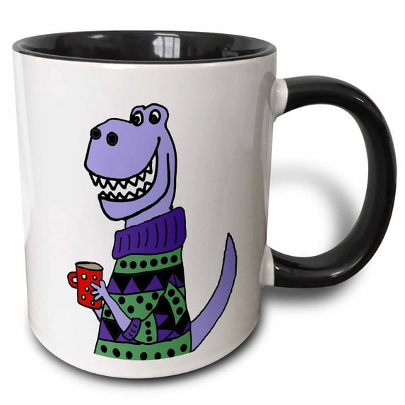 3drose, Funny Cute T-rex Dinosaur Drinking Coffee Wearing Colorful Sweater, 11oz Two-tone Black Mug