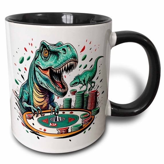 3drose, Funny Cute T-rex Dinosaur Gambling and Playing Poker Cards, 15oz Two-tone Black Mug