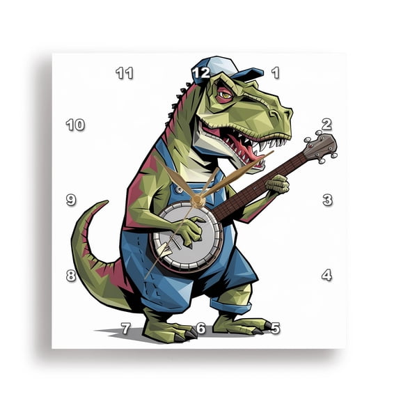 3dRose, Funny Cute T-rex Dinosaur Playing Banjo Music Abstract, 15x15 Wall Clock