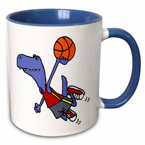 3drose, Funny Cute T-rex Dinosaur Playing Basketball Slam Dunk Cartoon, 15oz Two-tone Blue Mug